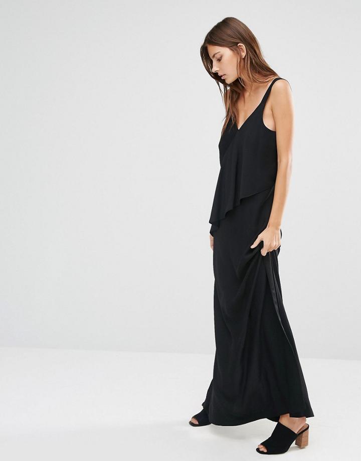 Warehouse V Neck Crepe Ruffle Maxi Dress - Black
