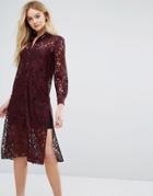 Closet Long Sleeve Collared Lace Shirt Dress - Red