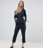 Asos Petite Jumpsuit With Wrap Front And Ruched Sleeve - Black