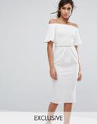 Silver Bloom Bandeau Midi Dress With Fluted Sleeve And Embellished Waist - Cream