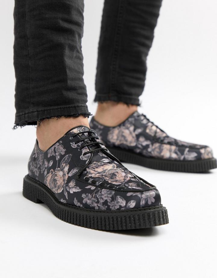 Asos Design Lace Up Creeper Shoes In Floral Print - Black