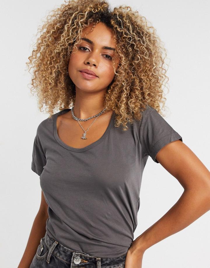 Topshop Premium Scoop Neck T-shirt In Charcoal-gray