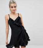 Asos Petite Strappy Ruffle Wrap Mini Dress - Black