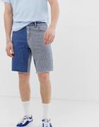 Asos Design Slim Denim Shorts In Mid Wash Blue With Cut And Sew Stripes - Blue