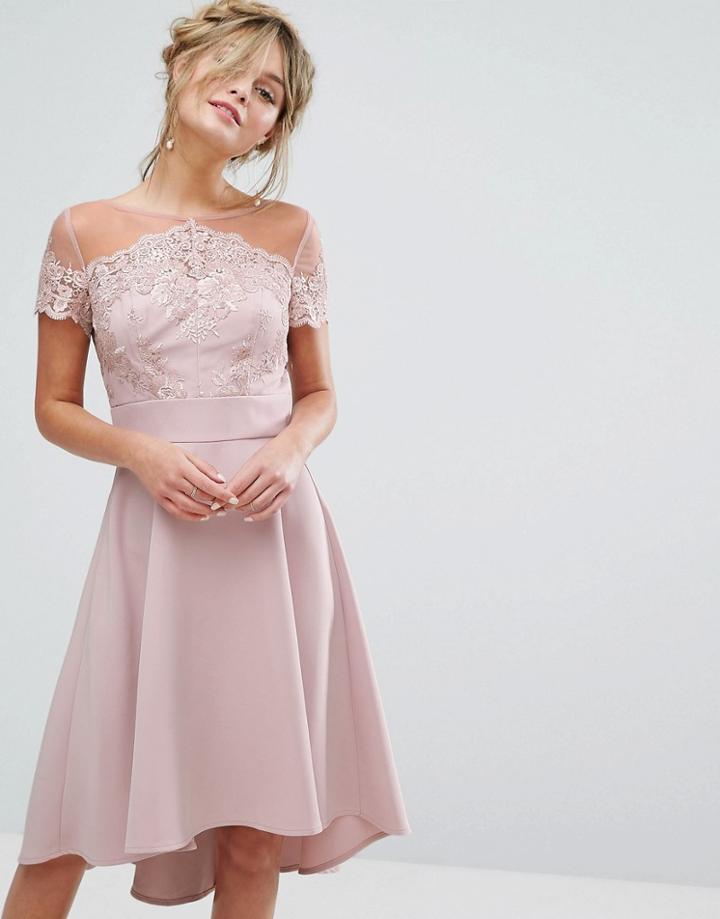 Chi Chi London Embroidered Lace Midi Dress With Full Satin Skirt - Purple