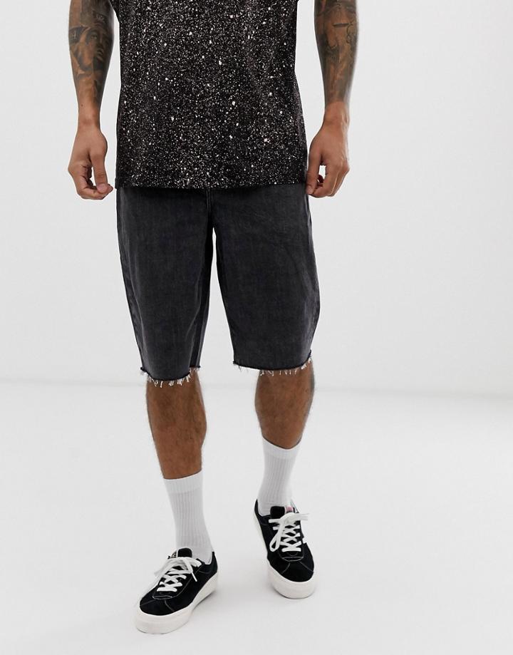 Asos Design Slim Denim Shorts In Longer Length Washed Black - Black
