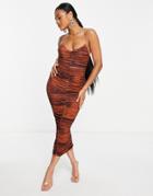 Asos Design Cami Strappy Midi Dress With Ruched Detail In Rust Tie Dye Wash-multi