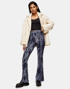 Topshop Tie Dye Lettuce Hem Flared Pants In Blue-brown
