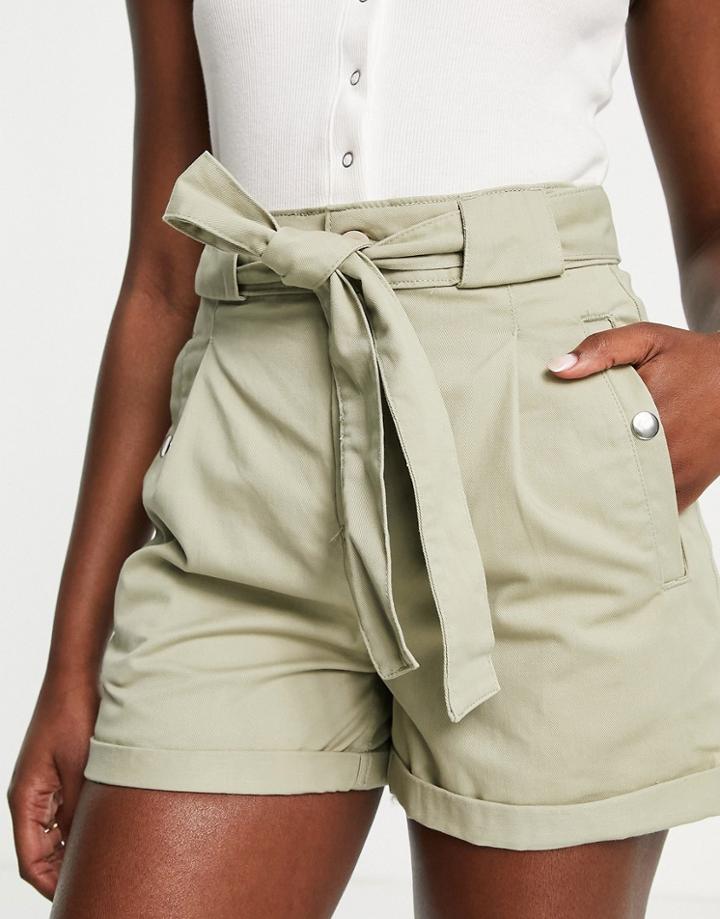 Miss Selfridge Tie Waist Paperbag Denim Shorts In Sage Green