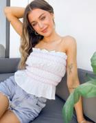 Asos Design Shirred Bandeau With Pink Stitching In Ivory-white