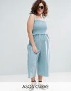 Asos Curve Jumpsuit In Cotton With Shirred Bodice - Blue