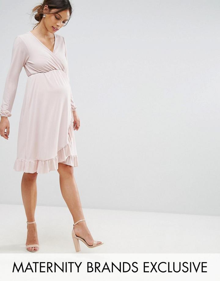 Bluebelle Maternity Wrap Frilled Hem Dress - Pink