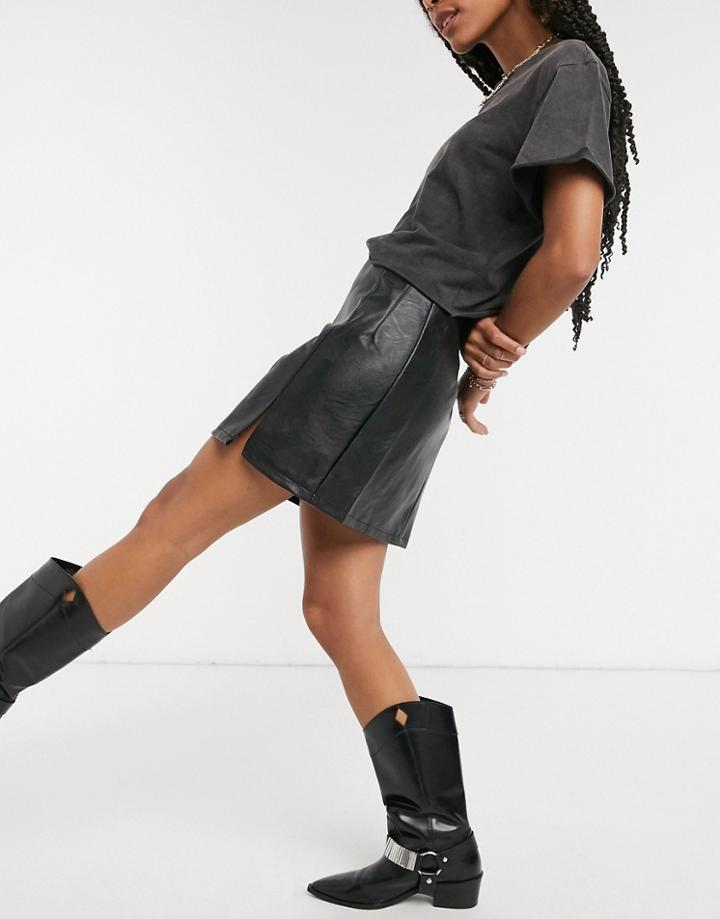Topshop Seam Detail Faux Leather Mini Skirt In Black