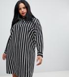 Asos Design Curve Mini Shirt Dress In Stripe With Long Sleeves - Multi
