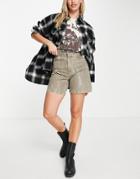 Asos Design Longline Relaxed Dad Shorts In Khaki Marble Wash-green