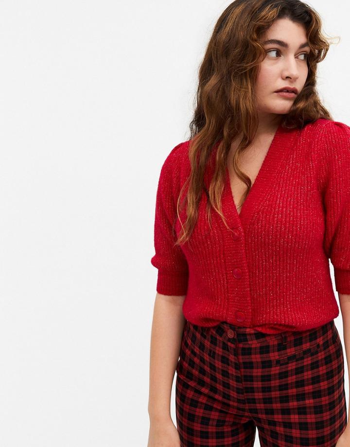 Monki Puffy Short Sleeve Cardigan In Red