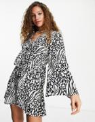 Topshop Knot Front Mini Dress In Animal-multi