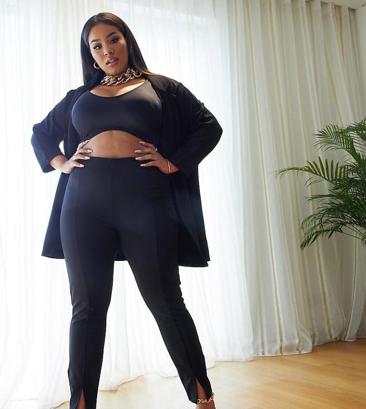 Asos Design Curve Jersey Slim Split Front Suit Pants In Black