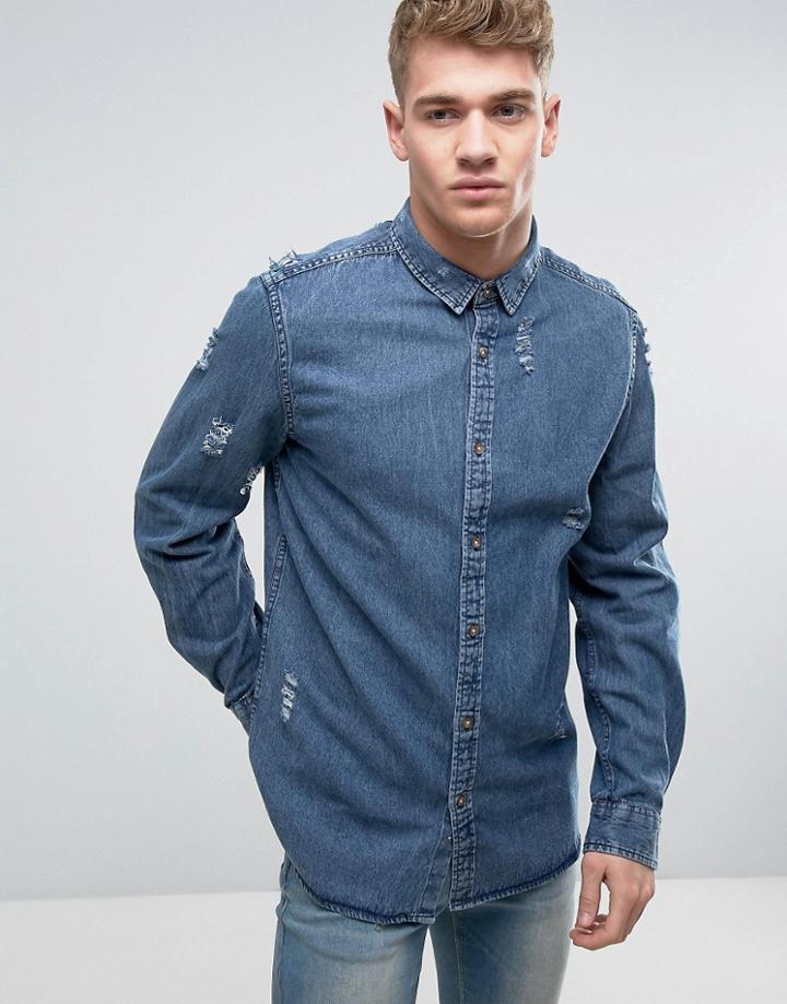 Brave Soul Ripped Denim Shirt - Blue