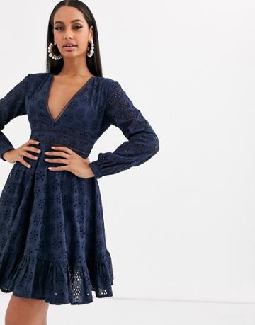 Koco & K Embroidered Frill Hem Skater Dress In Navy-blues