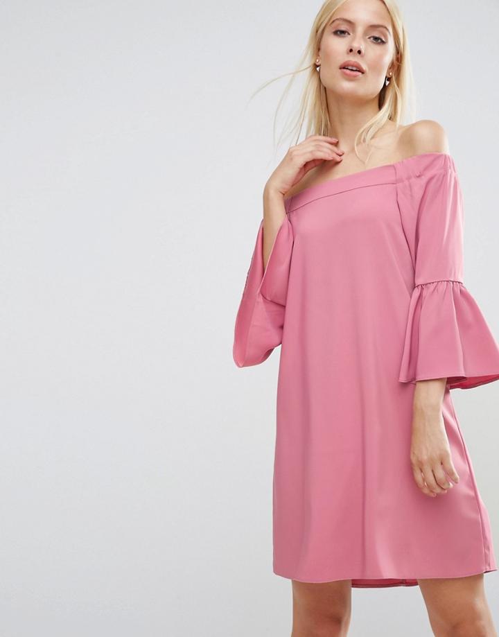 Asos Off Shoulder Dress With Fluted Sleeve - Pink