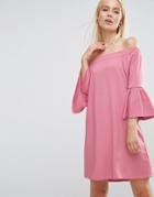Asos Off Shoulder Dress With Fluted Sleeve - Pink