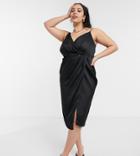 Little Mistress Plus Satin Wrap Dress In Black