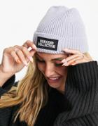 Asos Weekend Collective Turn Up Rib Beanie With Logo In Ice Gray-grey