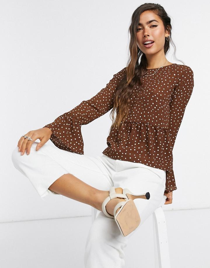 Asos Design Long Sleeve Smock Top In Brown And Cream Spot