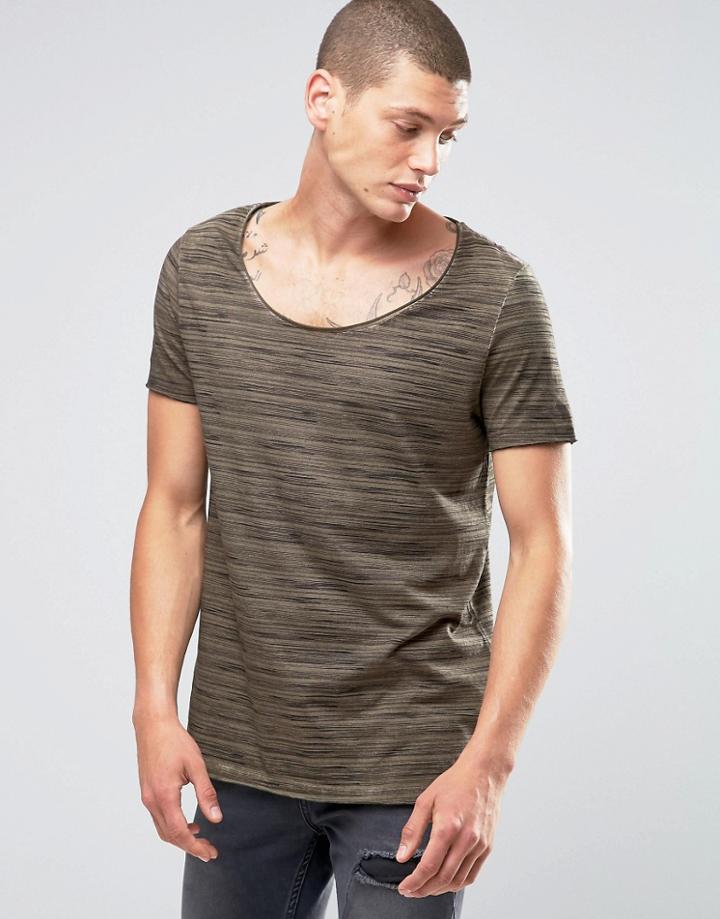 Asos Longline T-shirt With Printed Texture And Raw Scoop Neck - Green