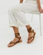 Asos Design Fix It Leather Flat Sandals In Leopard Print-brown