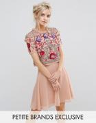 Frock And Frill Petite Overlay Mini Skater Dress With Floral Embellishment - Pink