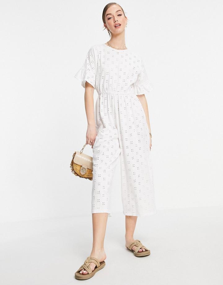 Asos Design Broderie Frill Sleeve Jumpsuit In White