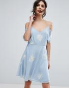 Asos Premium Cold Shoulder Embroidered Mini Dress - Blue
