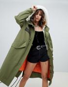 Native Rose Oversized Parka With Faux Fur Hood And Embroidered Detail - Green