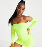 Asyou Off-the-shoulder Mini Dress With Long Sleeves In Lime-green