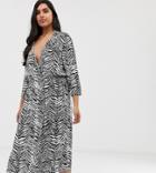 Asos Design Curve Double Button Through Collared Midi Shirt Dress In Mono Zebra Print-multi