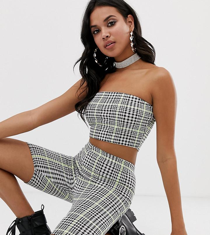 Prettylittlething Two-piece Bandeau Top In Black And Neon Lime Check - Multi
