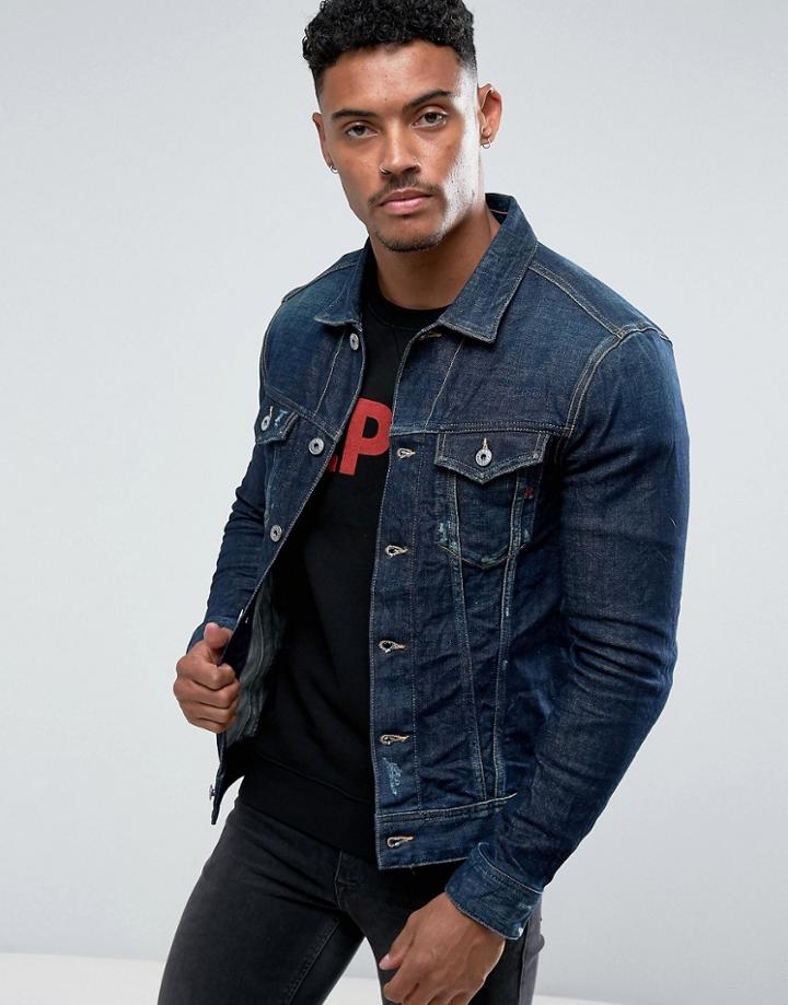 Replay Denim Jacket Dark Wash Abrasions - Blue