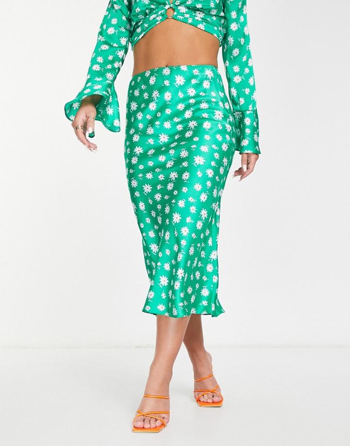 Miss Selfridge Satin Midi Skirt In Green Floral