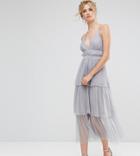 True Decadence Tall Premium Tulle Ruffle Layered Midi Dress With Strappy Back Detail - Gray