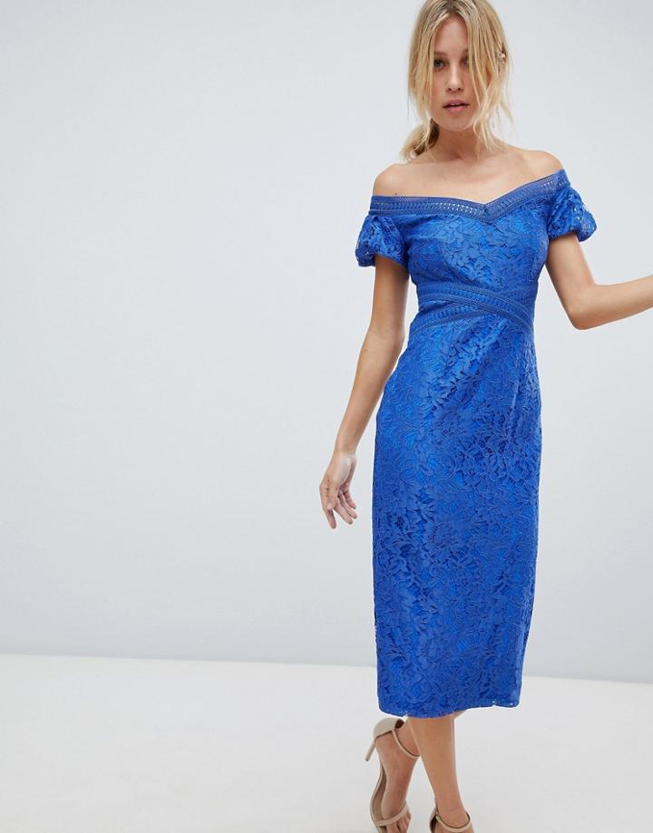 Little Mistress Off Shoulder Lace Pencil Midi Dress-blue