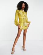 Asos Design Blouson Sleeve Mini Dress With Lace Detail And Belt In Yellow Floral Print-multi