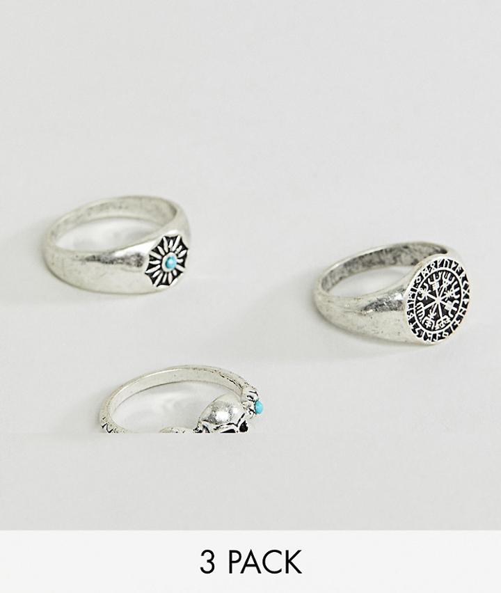 Sacred Hawk 3 Pack Rings With Turquoise - Silver