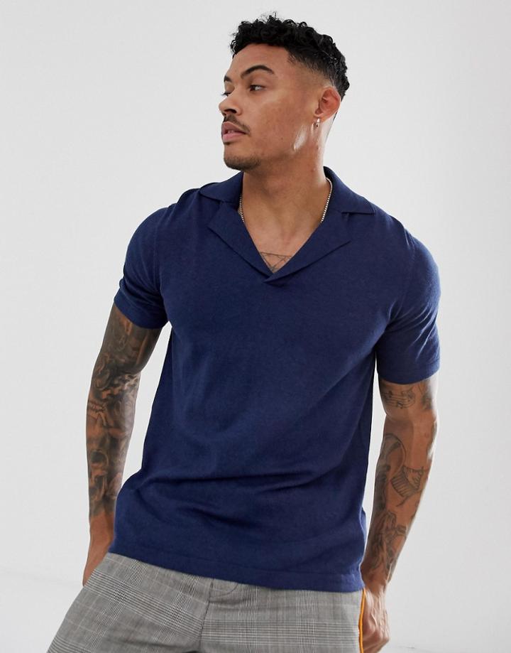 Asos Design Knitted Revere Polo T-shirt In Navy - Navy