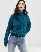 Qed London Chenille Chunky Cable Balloon Sleeve Sweater - Green