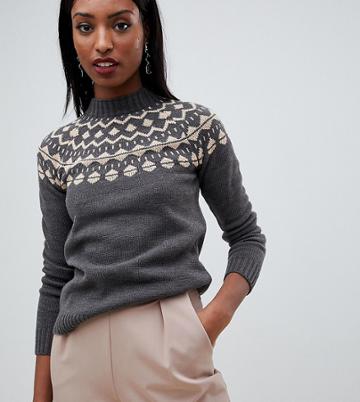 Fashion Union Tall Sweater With Fairisle Placement - Gray