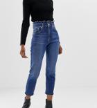 Asos Design Petite Farleigh Slim Mom Jeans With Frill Waistband In Mid Wash Blue - Blue