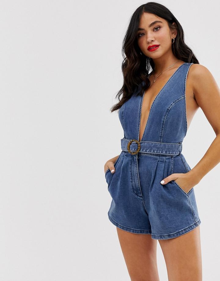 Asos Design Denim Plunge Neck Romper With Belt And Strappy Back-blue