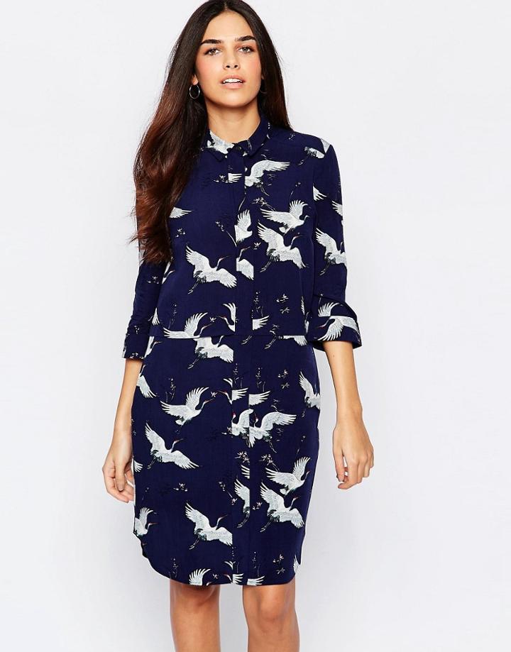 Warehouse Bird Print Shirt Dress - Blue Pattern